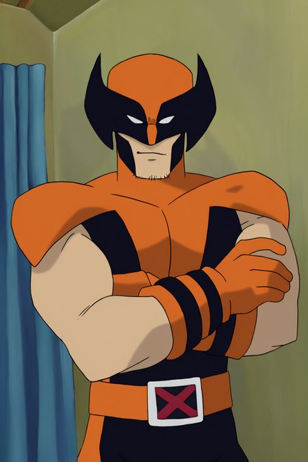 masterpiece, best quality, highres, newest, wolvevo, 1boy, solo, male focus, mature male, facial hair, stubble, bodysuit, orange bodysuit, black bodysuit, two-tone bodysuit, short sleeves, orange gloves, mask, covered eyes, white eyes, no pupils, belt, muscular, crossed arms, looking at viewer, standing, portrait, upper body, indoors, living room <lora:Wolverine (Logan) X-Men Evolution (First Suit+Logan) v1.1 [LoRA] - NoobAI-XL EPS 1.0:0.8>
