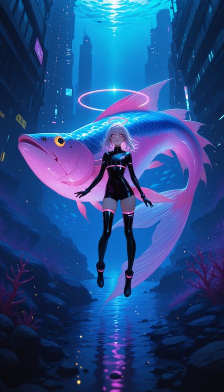 masterpiece, best quality, amazing quality, high-resolution, detailed skin, cheeky, posing, holographic color, vibrant colors,
1girl, (underwater:1.1), ((giant fish coming from behind)), ((monster fish)), fish swimming around, ultra-detailed character, swimming, glowing neon signs in background, flooded cyberpunk city street, stylish outfit (latex dress, sporty crop top and shorts), fish swimming in the foreground,coy pond, coy fish, glowing reflections, expressive eyes, soft neon lighting, cinematic depth of field, high-detail environment, dramatic lighting contrast, confident expressions, glossy textures, playful and alluring mood, pink and blue ambient hues, (halo effect lighting), full body shot
masterpiece, best quality, amazing quality, very aesthetic, absurdres,  newest,  (scenery, volumetric lighting),
zPDXLxxx zPDXL3 <lora:vivid_everclear:0.8> <lora:reij-rt:0.8>