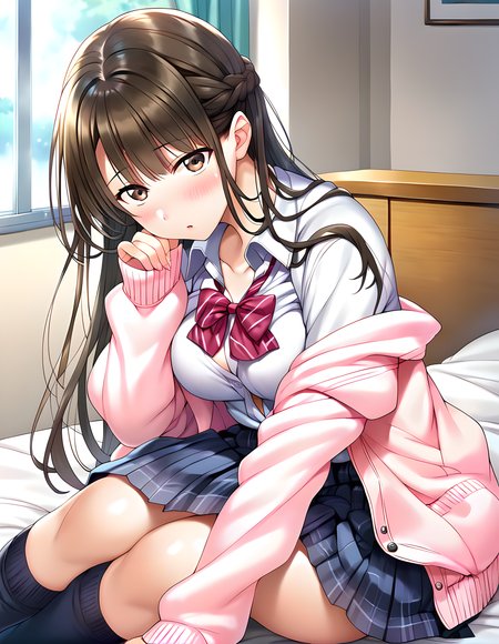<lora:pony_xl_ayame:0.8>,ayame,score_9,score_8_up,score_7_up,source_anime,1girl,looking_at_viewer,school uniform,open clothes,red bow,pink cardigan,white collared shirt,blue pleated skirt,plaid skirt,striped,socks,bedroom,bed,sitting_on_bed,blush,