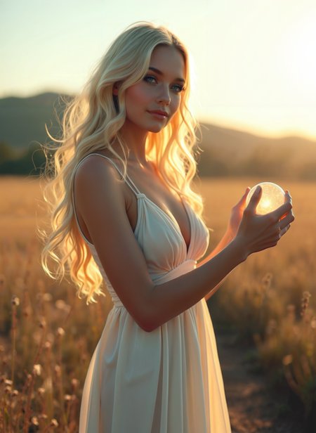 Photograph of a portrait of a young woman standing in a field at sunset. She is wearing a white dress with a deep V-neckline and thin straps. Her blonde hair is styled in loose waves and she is looking directly at the camera with a slight smile. The woman is holding a small crystal ball in her right hand, which she is holding with both hands. The background is blurred, but it appears to be a field with tall grass and mountains in the distance. The sun is setting, casting a warm glow over the scene. The overall mood of the image is peaceful and serene.. <lora:add-detail-xl:.5>  <lora:Flux-style-xl-lora:.5>