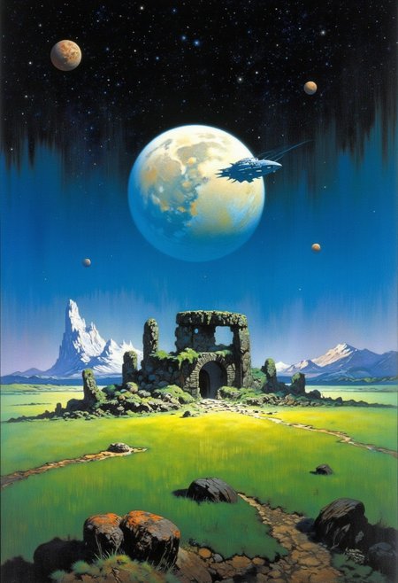 Frank Frazetta sci-fi oil  painting of a panorama view, prehistoric megalithic structure in a vibrant green field, it is midnight and illuminated by a full moon, several other moons and alien planets fill the star filled sky, a classic gothic baroque fantasy art painting with vibrant colors, digital artwork, illustrative, painterly, matte painting, highly detailed, atmospheric haze, panoramic zoomed out view, highly dramatic lighting
