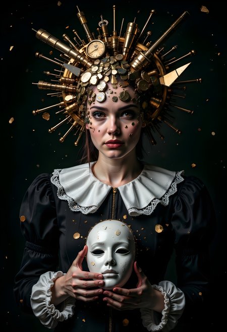 cinna flow, Female figure, 20s-30s, European features, wearing a historical-inspired outfit with a ruffled white lace collar and a dark, possibly black, dress with subtle gold embellishments. Complex mechanical parts and broken golden fragments cover the upper half of her face, forming a fractured mask over an underlying white ceramic face. Gold and white fractured pieces are scattered around the image, giving a sense of destruction. Amber-colored, intense eyes, soft lips, and a calm, somewhat melancholic expression suggest a complex emotional state. She is holding a white mask in her hands. The overall lighting is dramatic, with strong contrast between light and shadow, highlighting the detailed structure and textures of the various elements. The environment is a dark, possibly moody or theatrical setting. Composition is centered, with a slightly high-angle perspective, suggesting an intimate and observational approach. Rich, deep colors, metallic and rich textures, a blend of baroque/gothic design elements create a high-art visual experience. Style leans towards steampunk and surrealism with elements of dark fantasy and drama, creating a mood of mystery and contemplation. Exaggerated details, close focus, and complex textures, give an otherworldly feeling.
