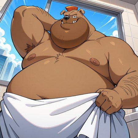 D4d, detail background, solo, cartoon, 1boy, anthro, dog, male, baggy eyes, black eyes, large chin, black nose, brown fur, mohawk, short orange hair, spiky hairstyle, obese, fat, overweight, white towel around on waist, BREAK close-up, upper body, bathroom, window, city background, indoors, inside, hand behind neck, looking at viewer, standing, (half eyes closed), upper body, dynamic angle, close-up