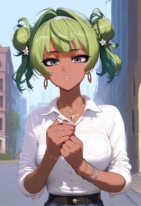 GEN, score_9, score_8_up, score_7_up,source_anime, high res image,masterpiece,best quality, rating safe
UOScarlet
1girl, solo, necklace, earrings, bracelet, hoop earrings, gyaru, dark-skinned female, 
wearing COLORED br1gand1n3 studded brigandine
tatiana, green hair, hair bun, grey eyes, double bun,