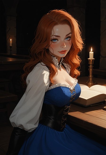 Safe_pos, (score_9, score_8_up, score_8), ultra detailed, high resolution, high quality, masterpiece, intricate details, intricate body, intricate landscape, knva, Expressiveh, hkmagic, missfortune, European Instagram Model, Sorceress, Wizard, Casting Thunder Magic Spells, Magic Circle, Thigh Strap, Tavern, midnight, 1girl, source_cartoon, Petite, ((Dark-Auburn Hair, Blue Eyes, Full Lips, Delicate and Smooth Skin, Blush Perfect Body, Highly Detailed, Glossy Lips)), Beautiful, Attractive, (Long Hair, Shiny Hair), (perfect round breasts, large breasts), (Wizard), ((Femme Fatale)), Tight-Fitting Blue-and-White Dress, Corset, Sexy, Belt, Brown Thigh-High Boots, Fantasy, Medieval, ((Extremely Detailed Face and Eyes)), Looking at Viewer, (Flirty Smile), Soft Lighting, Warm Lighting, Unique Angle, Unique Perspective, Dramatic Angle, ((Full Body)), From Above, Side Shot, ((Sitting on Table, Arched Back, Leaning Back)), Tomes in Background, Magic Book, Ritual
<lora:add-detail-xl:1.5>,
<lora:Expressive_H:0.7>,
<lora:Kenva:1>,
<lora:incase_2024_new_style_upscaled_with_big_images:0.8>,
<lora:missfortune:0.65>,
<lora:Fantasy_Wizard__Witches_Pony:0.4>,