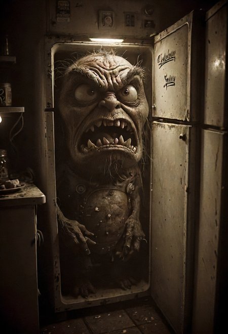 angry fridge , dim lights, detailed, perfect composition  <lora:eldoria:0.8> eldoria