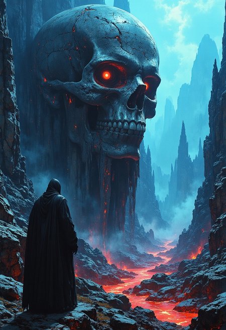 A desolate, alien landscape shrouded in a haunting blue mist, with towering cliffs rising sharply on either side. In the foreground, a solitary, cloaked figure stands with their back to the viewer, gazing up at an enormous, ancient stone colossus embedded in the cliff face. The colossal figure has a skull-like face, its eye sockets glowing with an intense, fiery red light (Focus: colossal skull, red glowing eyes). Dark, ominous textures ripple across its stone body, giving it an ancient, otherworldly appearance as if it's part of the mountain itself.
The ground around the cloaked figure is rough and jagged, leading to a river of red lava or glowing embers that lights up the scene with an eerie warmth (Focus: lava, red glow). The distant, hazy blue mountains add depth and mystery to the scene. The color palette contrasts between cold blues in the upper atmosphere and intense reds from the lava below, creating a dramatic, surreal, and foreboding atmosphere (Focus: color contrast, mystical landscape).
Key Tags for Emphasis:
Colossal skull: embedded in cliff, ancient stone, glowing red eyes
Figure: solitary, cloaked, back turned, gazing up
Landscape: alien, misty, blue haze, towering cliffs
Lava: intense red glow, illuminating rocks, eerie warmth
Color contrast: cold blues vs. fiery reds, surreal, mystical atmosphere