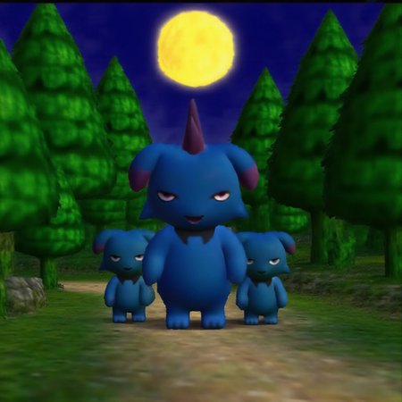 n64style. group of blue Depresso are standing in the lush green forest. they are looking at viewer with indifference. it is night time and moon shines bright above trees. flat lighting, low resolution, crt scanlines, low poly