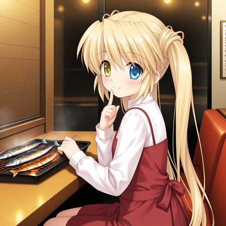 <lora:Nakatsu_Shizuru_1_nai-000030:1>,official art,Nakatsu Shizuru,twintails,
white shirt,long sleeves,red dress,sleeveless dress,
BREAK
1girl,solo,sitting,restaurant,from side,looking at viewer,finger to mouth,smile,blush,grilled fish,saury,