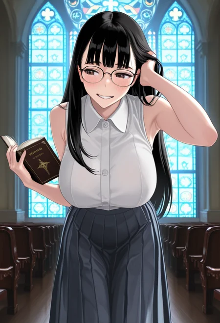ultra detailed, masterpiece, best quality,  solo, 1girl, female, solo, black hair, long hair, bangs, glasses, large breasts, blush, warm smile, white collared shirt, sleeveless, pleated skirt, long skirt, hand in hair, armpit, holding a book, leaning forward, church, stained glass, dark, cowboy shot,, h1r4m3d0us4,  <lora:HIRAMEDOUSA_Style_ILL_r1:1>