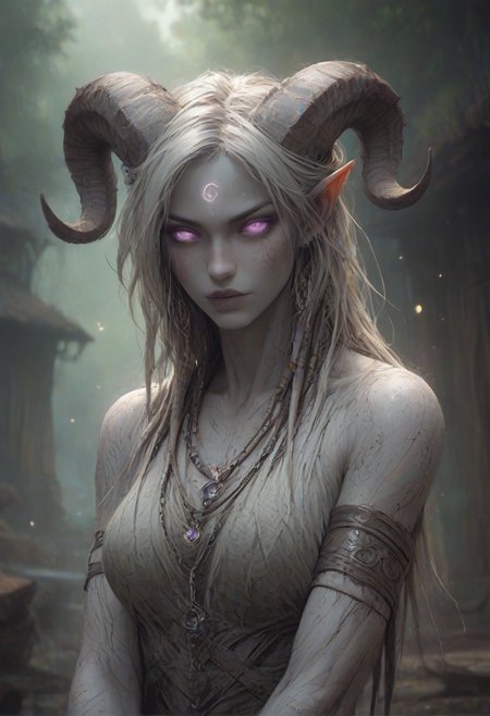 (absurdres, best quality, masterpiece:1.4), score_9, score_8_up, score_7_up, score_6_up, detailed, detailed body, detailed face, world of warcraft, fantasy, <lora:add-detail-xl:1.5>,
fFaceDetail, (female, draenei, h0rns, ram horns, white horns, tall, athletic arms, pale white skin, long white hair, purple eyes, no pupils, no sclera, long white tail, long fingers, purple fingernail polish), 
(long loose white dress, white silk scarf, tail under dress, simple armlet, small yellow gem pendant, small yellow gem earrings),
upper body, front view, looking at viewer, 
depth of field, outdoors, (fantasy faire, wooden village), (crowds in background, fantasy clothing, human, varied clothing)