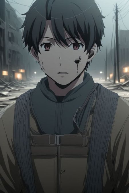 high resolution, solo, best quality, 1Boy, Inaho Kaizuka, Black Hair, shallow depth of field, Post-Apocalyptic, survival, OverallDetail