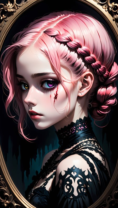 A hauntingly beautiful portrait of a young girl with a large wound her on cheek with stitches, 22 years old, her delicate features are framed by a tangle of intricately braided pink hair, drawing the viewer into her captivating gaze, wearing black, she seems to melt into the shadows that surround her, there's a certain luminosity about her - almost as if she were lit from within, subtle yet vibrant colors creates an ethereal atmosphere that's both mesmerizing and unsettling, Every aspect of this portrait - from the meticulous attention to detail on her clothing and accessories to the dramatic lighting effects - speaks volumes about her unique personality and style preferences, portrait perfectly captures the essence of modern goth culture, showcasing its blend of elegance, mystery, and macabre sensibilities, style of Anato Finnstark,