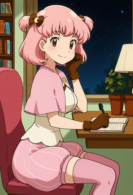 masterpiece, best quality, solo, curvy, beautiful eyes, narrow waist, large breasts, 1girl, solo, smile, looking at viewer,    zzMomo, brown eyes, short hair, pink hair, hair bow, two side up, hair ornament, hair ribbon,  capelet, white shirt, brown gloves, puffy shorts, pink thighhighs, zettai ryouiki,  ,<lora:MomoByKurumiErika_IXL:1.0>,  , zzLofi, sitting, side view, desk, chair, book, bookshelf, head rest, holding, holding pen, lamp, night, open book, pen, plant, potted plant, sky, star (sky), starry sky, window, windowsill, writing, <lora:LofiGirl_Style_IXL:0.8>,