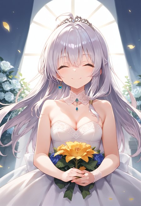 score_9, score_8_up, score_7_up,  source_anime, 
1girl, solo,  elaina,  wedding dress, 
happy, smile, closed eyes, 
  <lora:naipf:0.8>,    <lora:ElainaFinal:0.7>