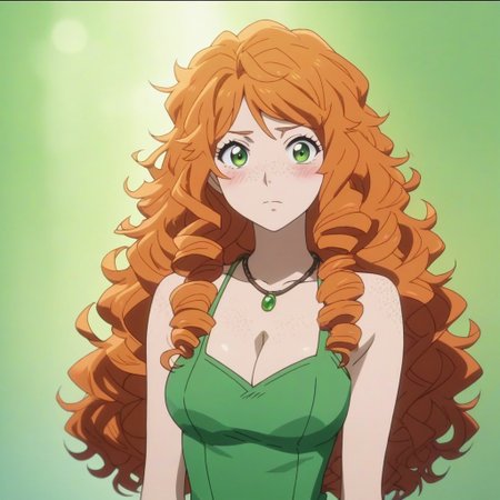 ani_as1, score_9, score_8_up, score_8, BREAK, anime screencap 1girl, solo, female focus, (cowboy shot), freckles, long hair, curly hair, green eyes, orange hair, looking at viewer, blush, dress, cleavage, green colored clothes, necklace