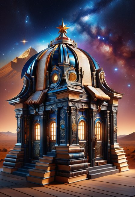 hyper detailed masterpiece, dynamic, awesome quality, DonMB00ksXL celestial phenomenon observatory, metal roofing sheets, starlight,bollard lights, pin spot lighting, made of books <lora:DonMB00ksXL-000008:1>