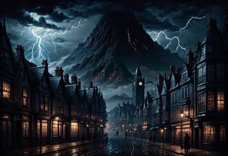 a landscape of a UK town, coast city,
dark ambient, horror vibe, blueish fog, victorian epoch, 
Lovecraft theme,  lightning, storm, 
masterpiece, highly detailed,
EdobHorrorLandscape,
OverallDetail,
