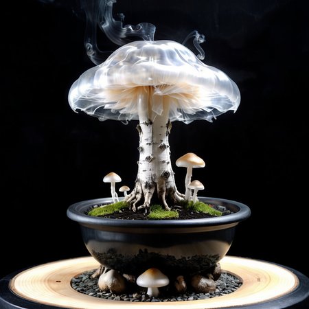 mysterious translucent transparent glass mushroom mixed with birch tree in slimy black bonsai pot, intricate and hyperdetailed raw photography by  Lee Jeffries, Joe Fenton, Andree Wallin, Killian eng, Sung Choi, album cover art, amazing depth, perfect ratio, hdr, perfect balanced styles, magical, intense back light, stunning soft smoke, impressive masterwork by head of prompt engineering <lora:add-detail-xl:0.75>   <lora:magik_smoke_v1.2:0.6> <lora:Aether_Ghost_v1.1_LoRA:0.8>  <lora:1hyperkraximalism-000014:0.8>