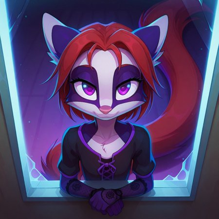 Dreamkeepers,Indi_and_Digo,1girl,solo,furry,tail,source_furry,,red hair,purple fur, purple eyes,
masterpiece, child, kid, 
moonlight, glass windows casting, elegant gothic priestess robe, intricate dark embroidery, collarbone, jewelry, lace gloves, floating black feathers, mysterious atmosphere, enigmatic pose, from above, upper body, soft smile, bored, looking at viewer,
