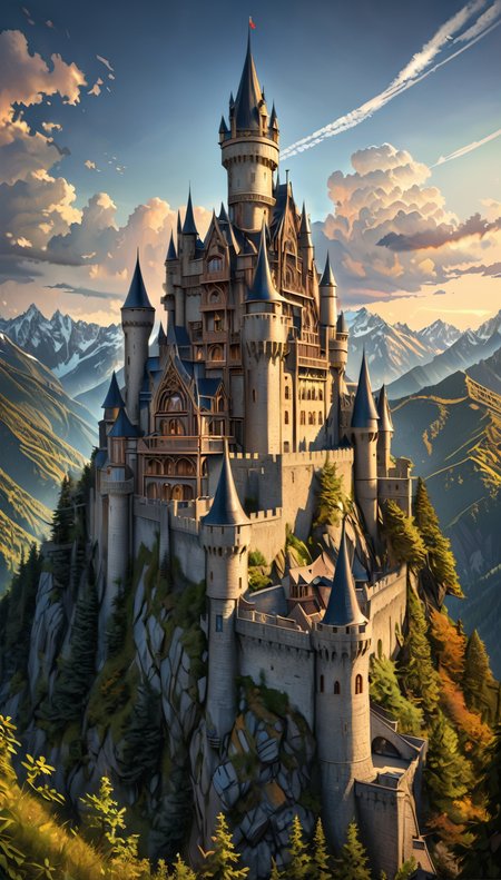 A forbidden castle high up in the mountains, (intricate details:1.12), hdr, (intricate details, hyperdetailed:1.15), (natural texture, hyperrealism, soft light, sharp:1.2), surreal