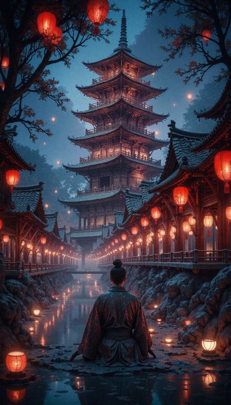 mythp0rt,Midjourney_Whisper, A lone figure adorned in an elaborate hakama, reminiscent of a wandering ronin, sits contemplatively by a serene pond. The architecture evokes a bygone feudal Japan, with a towering pagoda in the background awash in the warm, inviting glow of countless paper lanterns. The ambiance exudes tranquility, tinged with an undercurrent of wistful solitude. Capture the interplay of light and shadow, the soft bokeh of lanterns reflected on the water's surface, and the subtle rustling of leaves in the night breeze. Focus on a cinematic composition, perhaps a medium shot that encompasses both the subject and the grandeur of their surroundings. Accentuate the sense of depth and atmosphere, hinting at a narrative without explicitly defining it. Consider the ephemerality of beauty and the passage of time as thematic undercurrents.