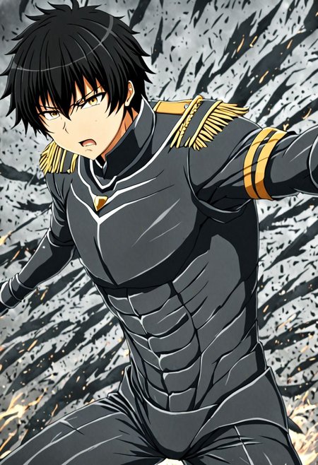 high resolution, solo, best quality, 1Boy, Seiya Kanie, black hair, short hair, military, action, OverallDetail