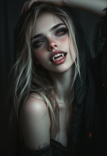 cinematic film still , a beautiful female fun devil , smiling flirty expression,playful,eye contact, demonnic glowing unnatural eyes, focus on face, tease, fantasy art, seductive, serene,sharp teeth demon fangs showing through a smile, flirty, head tilted, dark black background, playing with her hair,  beautiful lighting, , , cinematic lighting, professionally retouched, dramatic lighting,  <lora:FluxF4ngs:0.9>  <lora:OBååå®èåç»V2.0:0.6> obxiaoxiang <lora:aidmaFLuxPro1.1_v0.3:0.65> aidmafluxpro1.1 . shallow depth of field, vignette, highly detailed, high budget, bokeh, cinemascope, moody, epic, gorgeous, film grain, grainy