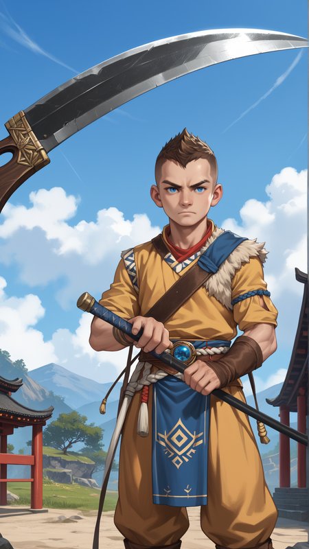 score_9, score_8_up, score_7_up, score_6_up, score_5_up, score_4_up, rating_safe, video game style, <lora:GoWRAtreusPDXL:1>GoWRAtreus, 12 y-o young boy, solo,  (Holding a scythe in both hands, standing with an intimidating presence:1.5) in a forgotten shrine location.
Blue eyes and short brown buzzcut. GoWRAtreus is wearing a (yellow:0.5) tunic with leather details. Belts and straps crossing his body. (His waistcloth is red and blue:1.4). GoWRAtreus is wearing brown leather boots. His right arm is bare and has a tattoo. GoWRAtreus expression is Stoic, Expressionless face with a neutral mouth and a neutral gaze..