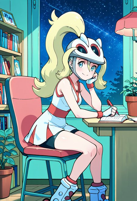 masterpiece, best quality, 1girl, solo, looking at viewer, smile,   zzKorrina, blue eyes, hair between eyes, blonde hair, long hair, ponytail, hair between eyes, two side up, white gloves, fingerless gloves, white dress, bare arms, sleeveless dress, black shorts, short dress, helmet, grass, high ponytail, bike shorts, roller skates, shorts under dress,   <lora:KorrinaPokemon_IXL_v1:1.0>, , zzLofi, sitting, side view, desk, chair, book, bookshelf, head rest, holding, holding pen, lamp, night, open book, pen, plant, potted plant, sky, star (sky), starry sky, window, windowsill, writing, <lora:LofiGirl_Style_IXL:0.8>,