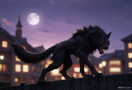 Score_9, score_8_up, score_7_up, score_6_up, SpecStyle, <lora:SpecPony:1.1>, wide shot, BREAK, from side, 1boy, Werewolf, (furry male, solo, black fur, animal ears, yellow eyes, sharp teeth, claws),
purple sky, yellow full moon, blurry background, building, blurry, parody, 1boy, solo, outdoors, night, full_body, male focus, prowling, rooftop,