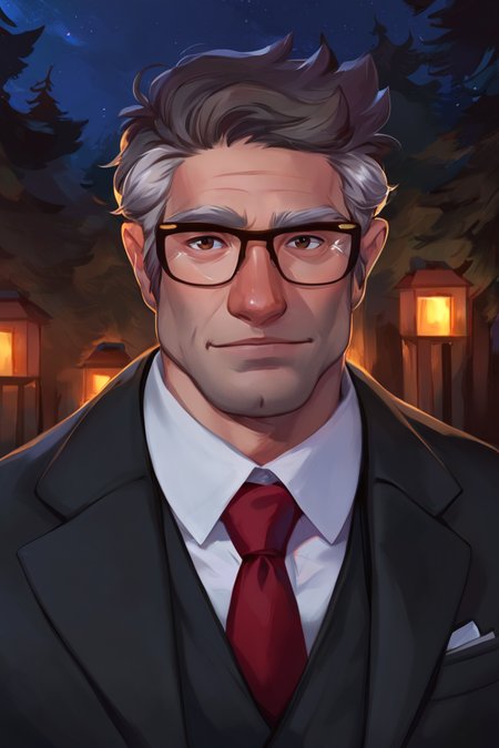 score_9, score_8_up, score_7_up, stanford pines, 1boy, solo, male focus, mature male, muscular male, old man, short hair, grey hair, two-tone hair, brown eyes, thick eyebrows, glasses, black-framed eyewear, facial hair, stubble, long sideburns, looking at viewer, formal, suit, black suit, grey vest, white shirt, red necktie, standing, upper body, portrait, outdoors, forest, pine tree, night, night sky <lora:Stanford (Ford) Pines - Gravity Falls v1.0 Edited MIX [LoRA] - Pony V6 XL:0.8>