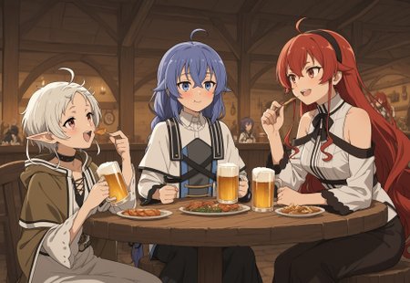masterpiece, high quality, aged up, 3girls,, small breasts, roxy migurdia,  eris greyrat, sylphiette \(mushoku tensei\), fantasy, tavern,drinking glass,beer, happy, eating