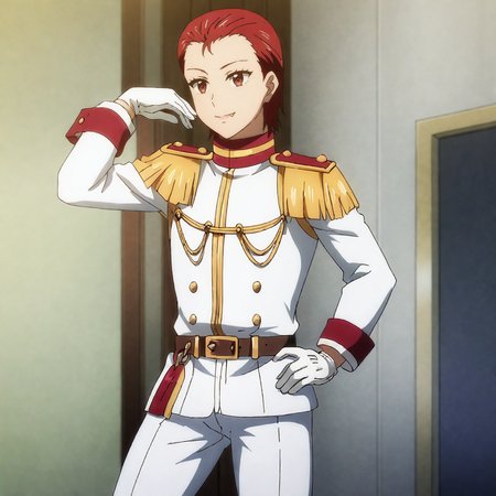 <lora:Tomo_pony_v1:.8>TomoPrince, epaulettes, red hair, white gloves, short hair, uniform, brown eyes, pants, cowboy shot