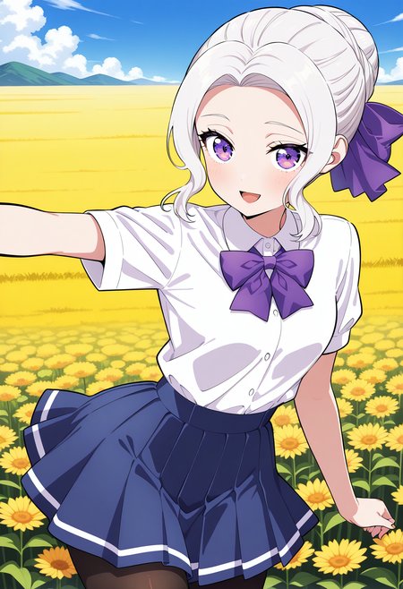 kiryu_shino, purple eyes, white hair, single hair bun, hair ribbon, purple bow, sidelocks, school uniform, collared shirt, white shirt, short sleeves, pleated skirt, blue skirt, pantyhose <lora:kiryu_shino_illustrious_ver1:0.8>
smile, 1girl, solo, (field:1.2), (blue sky:1.2), looking at viewer,, masterpiece, best quality, general,, (cowboy shot, dynamic pose:1.4),