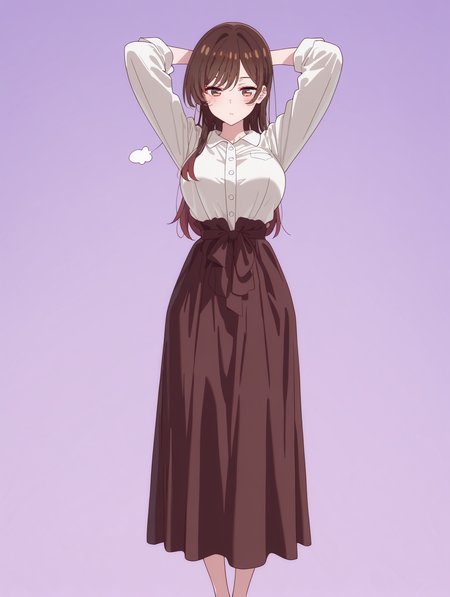 masterpiece,best quality,amazing quality,very aesthetic,absurdres,newest,
front view,full_shot,Sigh of relief,
ChinoseChizuruCYQL,1girl,solo,brown hair,long hair,bangs,brown eyes,large breasts,Vintage-inspired shirtwaist dress with a button-down front and waist tie,
full body,standing,arms_behind_head,,
violet background,simple background,
usnr,748cmstyle,<lora:USNR STYLE_XL_loha:0.45>,<lora:spo_sdxl_10ep_4k-data_lora_webui:0.6>,<lora:illustrious_all_rated_v1:0.6>,<lora:748cmSDXL:0.6>,<lora:illustrious_quality_modifiers_masterpieces_v1:0.8>,<lora:ChinoseChizuruCYQL:1>,