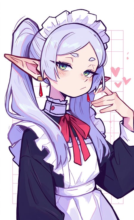 masterpiece, best quality, good quality, very awa, very aesthetic, absurdres, newest, frieren \(sousou no frieren\), pastel colors,toon (style),
1girl, apron, blush, closed mouth, green eyes, grey hair, hand up, heart, long hair, long sleeves, looking at viewer, maid, maid apron, maid headdress, neck ribbon, pointy ears, red ribbon, ribbon, short eyebrows, solo, thick eyebrows, twintails, upper body, looking at viewer, drawing_style <lora:ponyv6_noobV1_2_adamW-000017:0.8> <lora:USNR_STYLE_XL_lokr:0.45> <lora:namukijpg_ill:0.8>