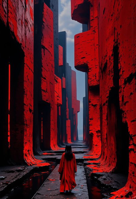 a group of red crystal towers built in vertiginous shapes. In the distance, a woman in a red.