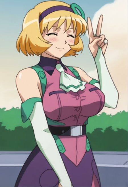 score_9_up, source_anime, belvedere_coco, smile. short hair, blonde hair, 1girl, solo. bare shoulders, hairband, closed eyes, v. blush. gloves, elbow gloves, ascot, detached sleeves, bridal gauntlets, breasts, fingerless gloves. sleeveless, bob cut, necktie, belt, dress, hair ornament, large breasts,