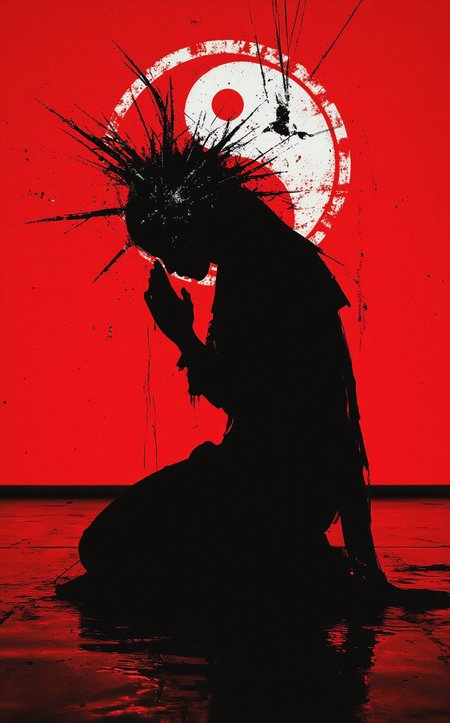 A conceptual and striking photograph by Annie Leibovitz, blending spirituality, symbolism, and distortion. Against a bold red-and-white yin-yang background, the silhouette of a praying nun emerges, her form defined by stark contrasts and intricate details. The interplay between the sacred and the chaotic is palpable.

The nun kneels in prayer, her posture one of deep devotion, yet her presence is subverted by the dark halo—an ominous black nimbus—that hovers above her head, challenging traditional notions of purity and sanctity. Her silhouette is clean but not pristine; subtle imperfections suggest the weight of her humanity and inner struggle.

The vibrant yin-yang backdrop pulses with energy, its colors bleeding slightly into the nun's figure, creating an almost ethereal aura around her. The red and white tones clash and complement each other, symbolizing duality: light and shadow, sin and redemption, peace and turmoil.

Adding to the surreal atmosphere are visual distortions—static-like interference and rippling effects that disrupt the image, as though it were being broadcast through an old analog television or reflected on water disturbed by unseen forces. These glitches fracture the composition, introducing tension between clarity and chaos, reality and abstraction. Lines of pixelation crawl across parts of the frame, while faint waves ripple through the nun's silhouette and the yin-yang pattern behind her.

Annie Leibovitz’s masterful use of lighting enhances the dramatic effect, casting soft shadows within the nun's profile while ensuring the red-and-white yin-yang dominates the scene without overwhelming the subject. The black nimbus above her head appears both solid and intangible, like smoke caught mid-drift, further emphasizing the dichotomy of holiness and darkness.

The photograph explores themes of faith, imperfection, and existential questioning. Through its combination of religious iconography, symbolic design, and deliberate distortion, it invites viewers to reflect on the complexities of belief systems and the fragility of human spirituality. The static and ripple effects serve as metaphors for the disruption of divine connection—or perhaps the imperfect transmission of higher truths to mortal understanding.

This piece is both unsettling and mesmerizing, a testament to Leibovitz’s ability to blend profound storytelling with arresting visuals, leaving the viewer haunted and contemplative long after they look away.