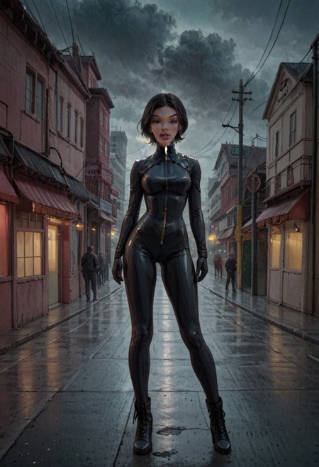 score_9, score_8_up, score_7_up, high quality, very detailed, 1girl, standing on a deserted foggy London street in 1930, it is night, beautiful petite Chinese girl with short black hair in a bobbed cut, brown eyes, wearing black gloves, black leather bodysuit, knee-high high heel laced boots, zipper, black leather domino mask, lone ranger style black leather mask, 
BREAK
behind her is an antique car from 1930, nighttime, foggy, city,