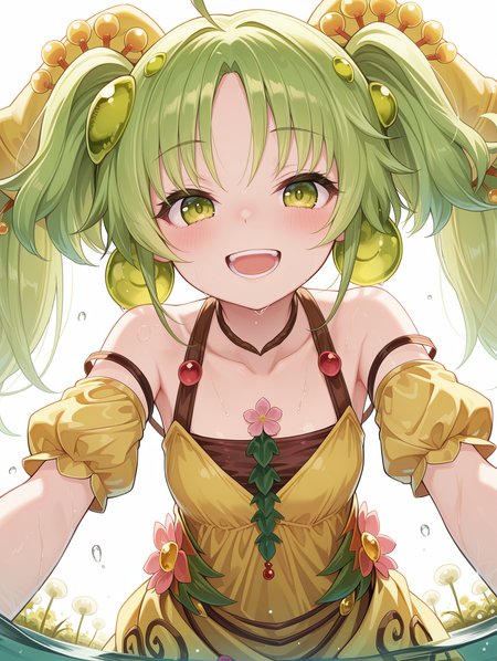 traptrix sera, 1girl, solo, open mouth, looking at viewer, smile, blush, collarbone, upper body, teeth, white background, simple background, :d, all fours, white plant, partially submerged, yellow hair ornament, green ball earrings, brown choker, brown crop top, yellow strapless dress, yellow puffy short sleeves, water, dutch angle, from below
masterpiece,best quality,amazing quality,very aesthetic,absurdres,newest,<lora:Traptrix Sera illuXL v1:0.7>,