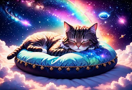 anime style, detailed illustration, a cute sleeping cat, (tabby), extra fluffy, curled up, eyes closed, on floating pillow, cloud, stars, moons, all planets, rainbows, shooting star, comet, galaxies, nebula, [[[[embrace the kitsch]]]], dream, ethereal, misty, calm, soft lighting, Jed-Cosmos, damagedphoto, ((((vignette, black vignette, soft blurred edges))))