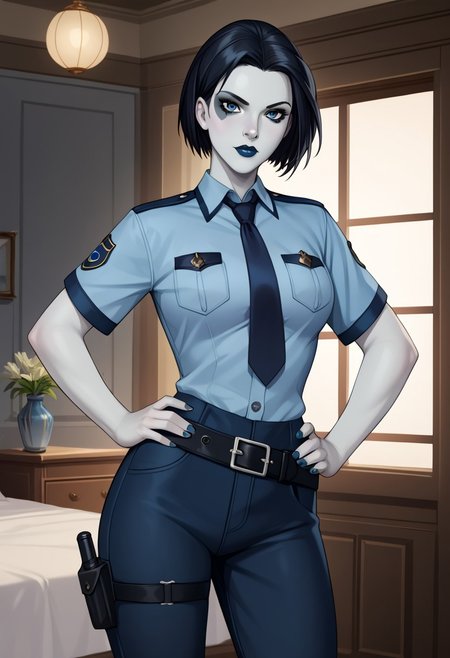 Score_9, score_8up, score_7up , perfect anatomy, cowboy shot), neena thurman, short hair, black hair, blue eyes, colored skin, blue skin, lipstick, black lips, ((looking at viewer)), toned, athletic, standing, hands on hip, indoors, policewoman, police uniform, blue necktie, blue shirt, breast pocket, short sleeves, blue pants,  belt
