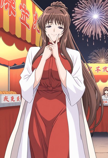 masterpiece, best quality, newest, highres, uncensored, 1girl, yokota mamoru style,motion lines,1girl,Kasatani Youko OVA,long hair, brown hair, long curtain hair bangs, (high ponytail hairstyle), black eyes pupil, clear eyes pupils,Ankle Length hair, Brown hair, Straight hair, Young-adultmasterpiece, best quality,white coat,black,dress,, festival, fireworks, summer night, food stall, traditional, arms up,, smile, looking at viewer, v, v over mouth, smug,, solo,, cowboy shot, dutch angle