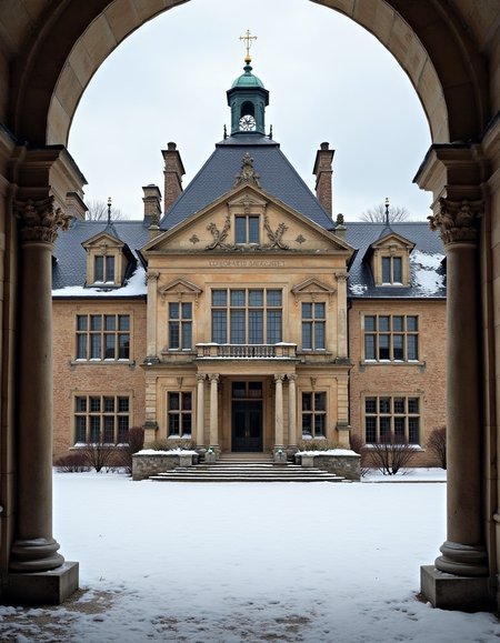 1800s, guilded age, guilded age mansion, stone, columns, snow on floor, cloudy sky, symmetrical view,  beautiful architecture, 
 <lora:Albert_Edelfelt_-_naturalistic_style_and_Realist_approach_r1:1>