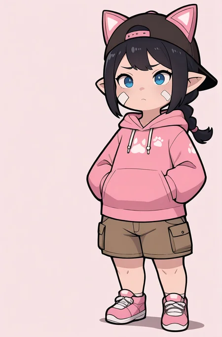 masterpiece, best quality, absurdres, 
lalafell, black hair, single braid, blue eyes, solo,
cat ear headphones, pink hoodie, bandage on face, brown cargo shorts, pink sneakers, furrowed brow, hands in pockets, backwards hat,