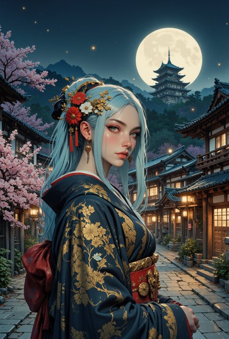 Image is a wide angle high resolution close up digital artwork featuring a beautiful female geisha walking outside in the middle of a ancient japanese town. She has long light blue hair with yellow eyes. She has an ornate and intricately designed kimono on. On her head is a beautiful japanese headress. This is set at night in a japanese castle. In the background is a japanese castle, small japanese village, road, cherry blossum trees, moonlight <lora:FluxMythR3alisticF:0.5> <lora:FluxMythG0thicL1nes:0.6> <lora:FluxMythR3tr0Style:0.6> <lora:OBååå®èåç»V2.0:0.6>