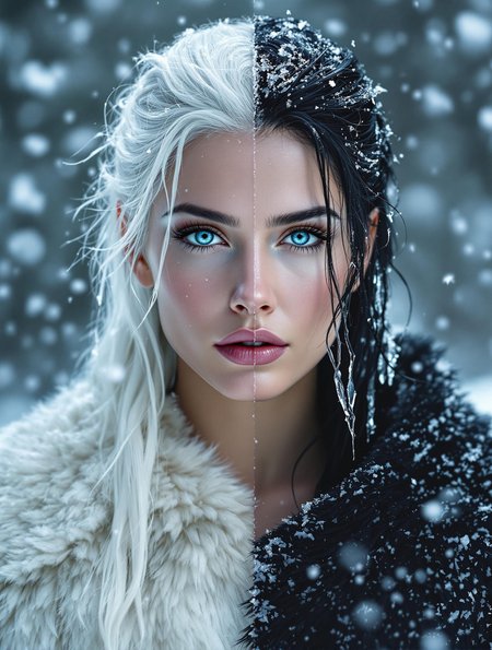 nbn-hel, A frontal portrait of Hel standing beneath falling snow. Her white hair on the left glows in the cool light, tied back with frost-covered threads. The right half of her face has a cold, matte tone, her black hair trailing with icicles. The shift between the two halves is gradual and natural — the skin tones blend seamlessly from warm to cold. Her gaze is focused but distant. She wears a half-cloak: smooth fur on the left, coarse leather on the right. The snow around her falls evenly, enhancing the balance.