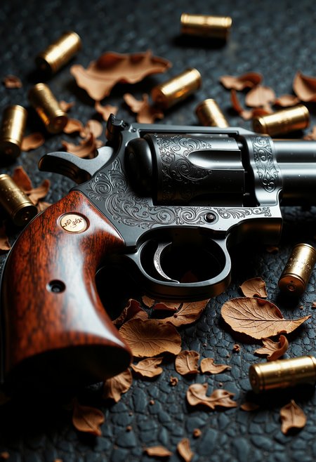 A hyperrealistic close-up of a vintage revolver resting on a textured black surface, surrounded by scattered golden shell casings. The revolver features a glossy black finish with intricate engravings on the body and a polished wooden grip, glimmering subtly under soft lighting. The background exhibits a blurred, dark pattern, enhancing the focus on the gun. Rich, contrasting colors of deep blacks and shiny gold highlight the weapon's details, while a few hints of earthy brown from fine tobacco leaves mingle with the casings, adding depth to the composition. The scene conveys a sense of tension and artistry, with a moody atmosphere that draws the viewer in.<lora:Flux/MysticFantasy.safetensors:0.5:0.5>